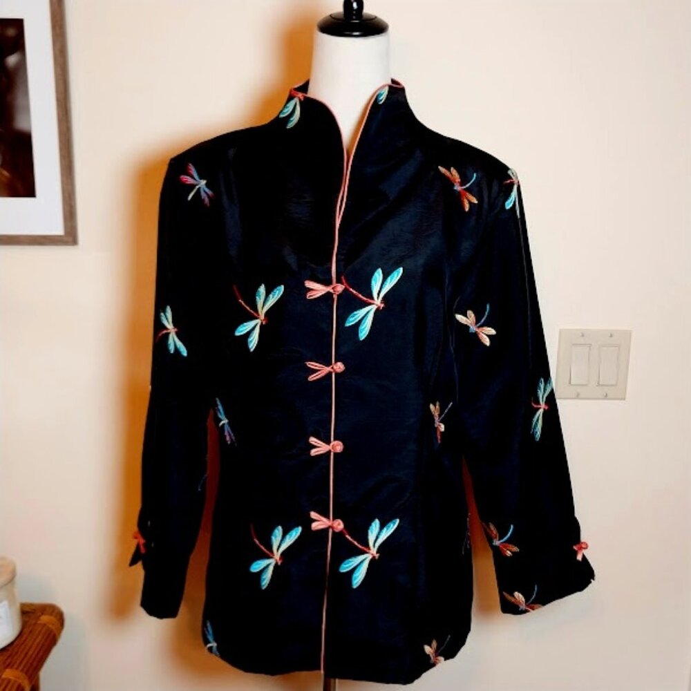 Da Mu Tang Zhuang Blk Dragonfly Embroidered Mandarin Collar Kimono L/XL Jacket